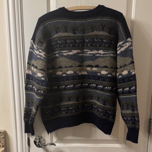 Vintage Woolly Jumpers Navy Blue Green Lamb Tree Patterned Wool Sweater Size M - Picture 4 of 10